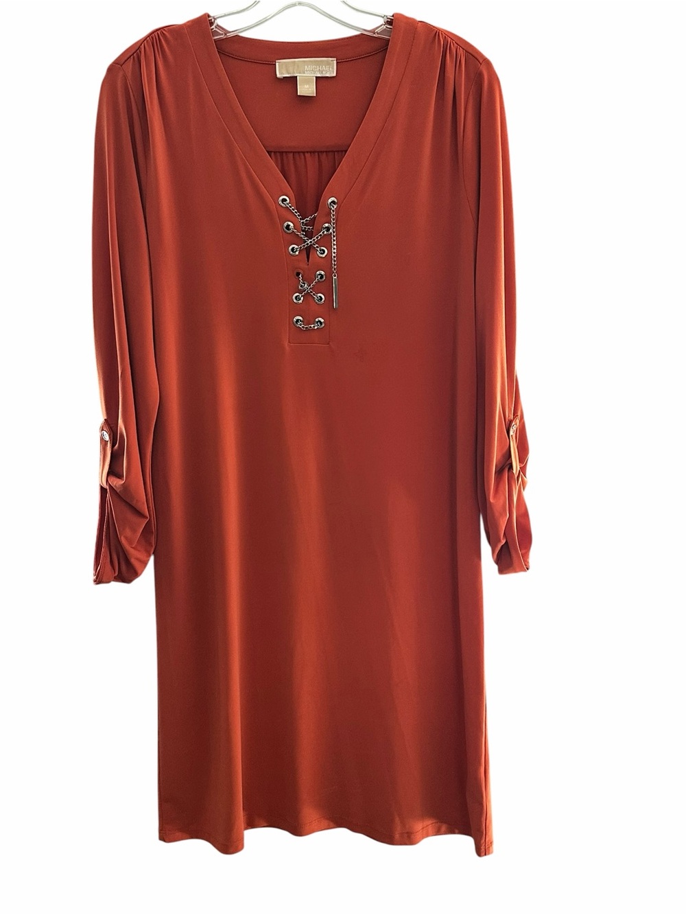 MICHAEL Michael Kors Rust Lace-Up V-Neck Shift Dress Size Medium - Broken Rivet